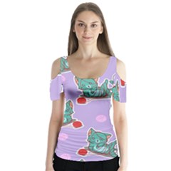 Playing cats Butterfly Sleeve Cutout Tee 