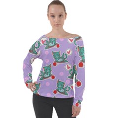 Playing cats Off Shoulder Long Sleeve Velour Top