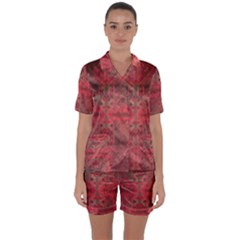 Indian Red Color Geometric Diamonds Satin Short Sleeve Pyjamas Set by SpinnyChairDesigns