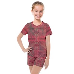 Indian Red Color Geometric Diamonds Kids  Mesh Tee And Shorts Set