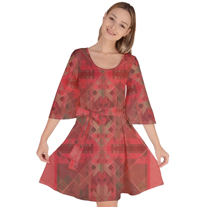 Indian Red Color Geometric Diamonds Velour Kimono Dress