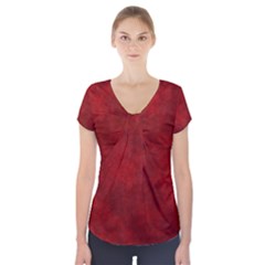 Scarlet Red Velvet Color Faux Texture Short Sleeve Front Detail Top by SpinnyChairDesigns