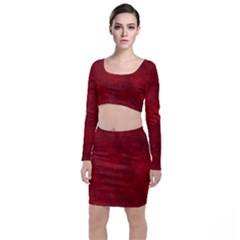 Scarlet Red Velvet Color Faux Texture Top And Skirt Sets by SpinnyChairDesigns