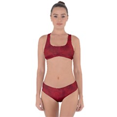 Scarlet Red Velvet Color Faux Texture Criss Cross Bikini Set by SpinnyChairDesigns