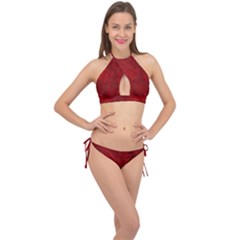 Scarlet Red Velvet Color Faux Texture Cross Front Halter Bikini Set by SpinnyChairDesigns