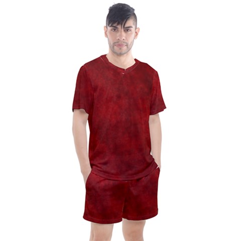 Scarlet Red Velvet Color Faux Texture Men s Mesh Tee And Shorts Set by SpinnyChairDesigns