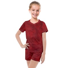 Scarlet Red Velvet Color Faux Texture Kids  Mesh Tee And Shorts Set
