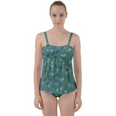 Green Color Polka Dots Pattern Twist Front Tankini Set by SpinnyChairDesigns