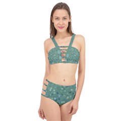 Green Color Polka Dots Pattern Cage Up Bikini Set by SpinnyChairDesigns