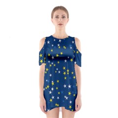 White Yellow Stars On Blue Color Shoulder Cutout One Piece Dress by SpinnyChairDesigns