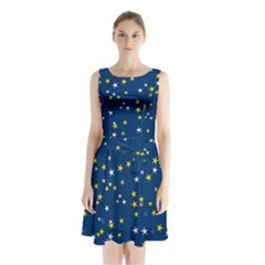 White Yellow Stars On Blue Color Sleeveless Waist Tie Chiffon Dress by SpinnyChairDesigns