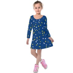 White Yellow Stars On Blue Color Kids  Long Sleeve Velvet Dress by SpinnyChairDesigns