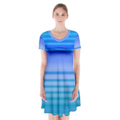 Blue Purple Color Stripes Ombre Short Sleeve V-neck Flare Dress by SpinnyChairDesigns