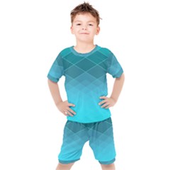 Aqua Blue And Teal Color Diamonds Kids  Tee And Shorts Set