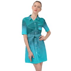 Aqua Blue And Teal Color Diamonds Belted Shirt Dress by SpinnyChairDesigns