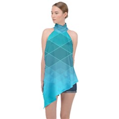 Aqua Blue and Teal Color Diamonds Halter Asymmetric Satin Top