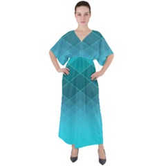 Aqua Blue And Teal Color Diamonds V-neck Boho Style Maxi Dress by SpinnyChairDesigns