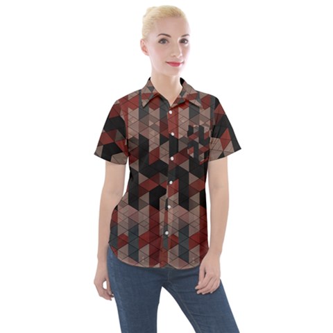 Auburn Grey And Tan Truchet Tiles Women s Short Sleeve Pocket Shirt by SpinnyChairDesigns