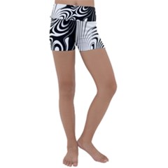 Black And White Abstract Stripes Kids  Lightweight Velour Yoga Shorts by SpinnyChairDesigns