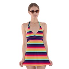 Contrast Rainbow Stripes Halter Dress Swimsuit  by tmsartbazaar