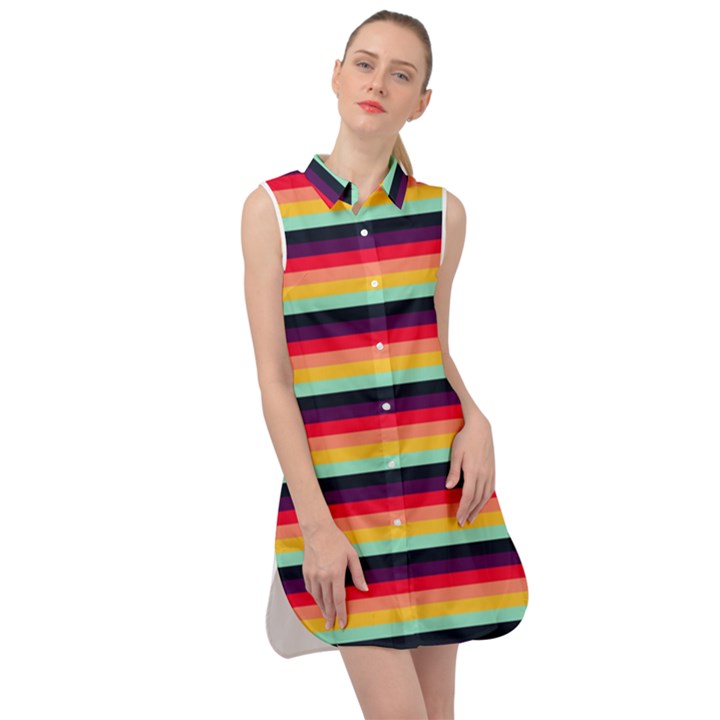 Contrast Rainbow Stripes Sleeveless Shirt Dress