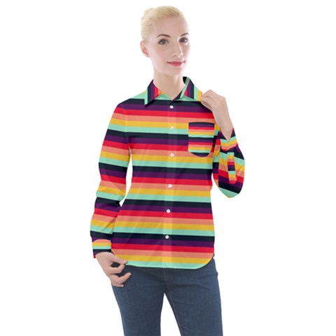 Contrast Rainbow Stripes Women s Long Sleeve Pocket Shirt by tmsartbazaar