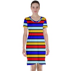 Red And Blue Contrast Yellow Stripes Short Sleeve Nightdress by tmsartbazaar