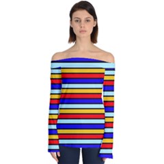 Red And Blue Contrast Yellow Stripes Off Shoulder Long Sleeve Top by tmsartbazaar