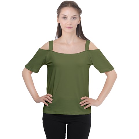 Army Green Solid Color Cutout Shoulder Tee by SpinnyChairDesigns