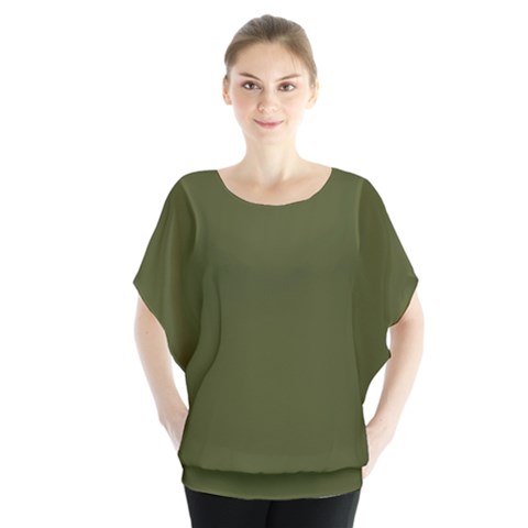 Army Green Solid Color Batwing Chiffon Blouse by SpinnyChairDesigns