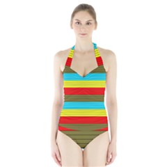 Multicolor With Black Lines Halter Swimsuit by tmsartbazaar