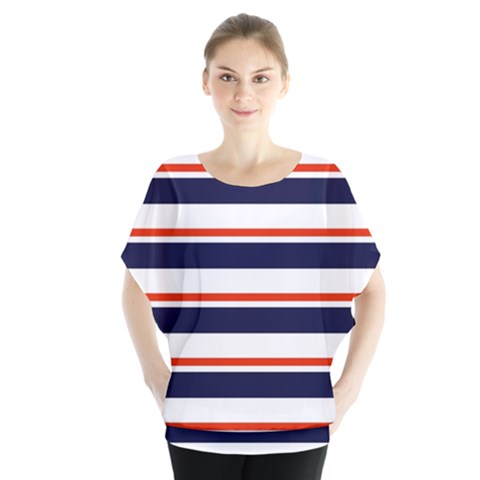 Red With Blue Stripes Batwing Chiffon Blouse by tmsartbazaar