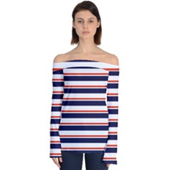 Red With Blue Stripes Off Shoulder Long Sleeve Top by tmsartbazaar