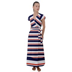 Red With Blue Stripes Flutter Sleeve Maxi Dress by tmsartbazaar