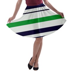 Green With Blue Stripes A-line Skater Skirt by tmsartbazaar