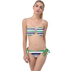 Green With Blue Stripes Twist Bandeau Bikini Set by tmsartbazaar