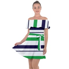 Green With Blue Stripes Off Shoulder Velour Dress by tmsartbazaar