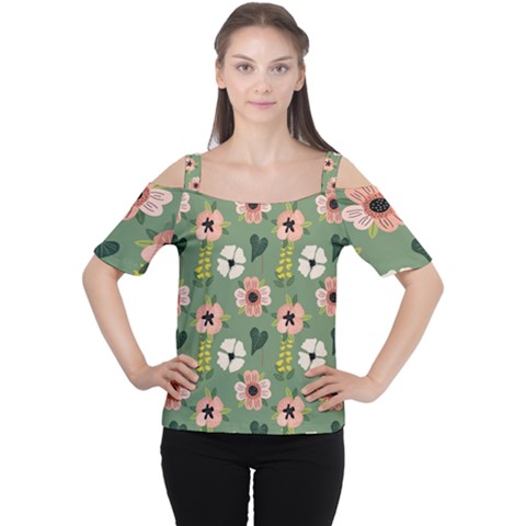 Flower Green Pink Pattern Floral Cutout Shoulder Tee by Alisyart