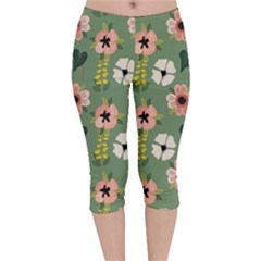 Flower Green Pink Pattern Floral Velvet Capri Leggings  by Alisyart