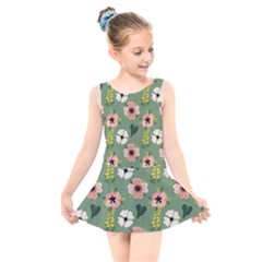 Flower Green Pink Pattern Floral Kids  Skater Dress Swimsuit by Alisyart