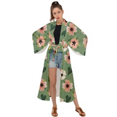 Flower Green Pink Pattern Floral Maxi Kimono