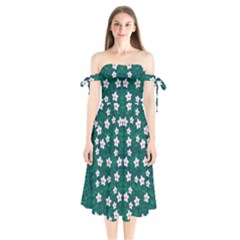 Porcelain Flowers  On Leaves Shoulder Tie Bardot Midi Dress by pepitasart