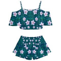 Porcelain Flowers  On Leaves Kids  Off Shoulder Skirt Bikini