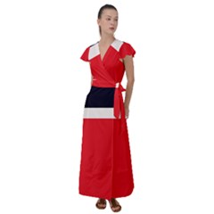 Navy Blue With Red Flutter Sleeve Maxi Dress