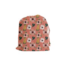 Flower Pink Brown Pattern Floral Drawstring Pouch (medium)