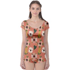 Flower Pink Brown Pattern Floral Boyleg Leotard 