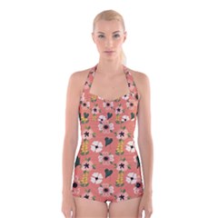 Flower Pink Brown Pattern Floral Boyleg Halter Swimsuit 