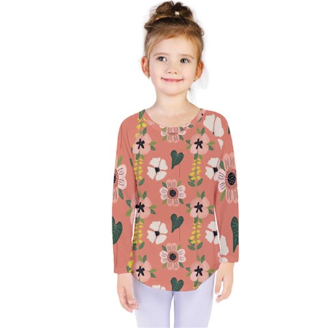 Flower Pink Brown Pattern Floral Kids  Long Sleeve Tee by Alisyart