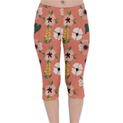 Flower Pink Brown Pattern Floral Velvet Capri Leggings  by Alisyart