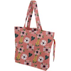 Flower Pink Brown Pattern Floral Drawstring Tote Bag